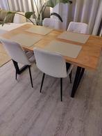 Nette eettafel, houten blad en zwarte stalen poten, Ophalen, 50 tot 100 cm, Zo goed als nieuw, 150 tot 200 cm