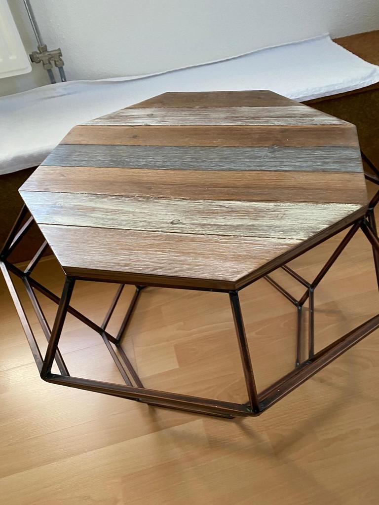 Moderne salontafel met houten blad en metalen frame, Ophalen, Gebruikt, 100 tot 150 cm, 50 tot 100 cm