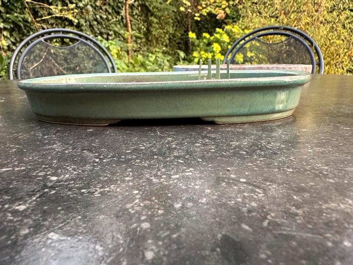 Lage ovale bonsai of ikebana schaal met een prikker, Tuin en Terras, Bloempotten, Nieuw, Aardewerk, Binnen, Balkon, Tuin, Minder dan 40 cm