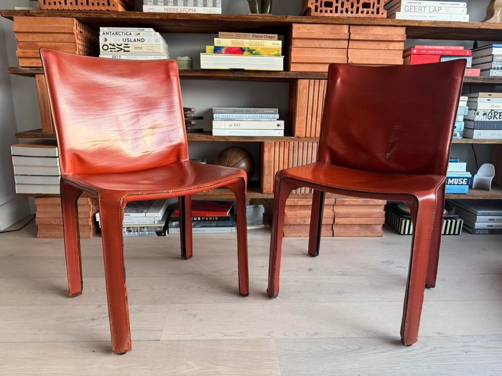 Vintage set van 2 Cassina Cab 413 stoelen Mario Bellini 1980, Ophalen, Gebruikt, Twee, Bruin