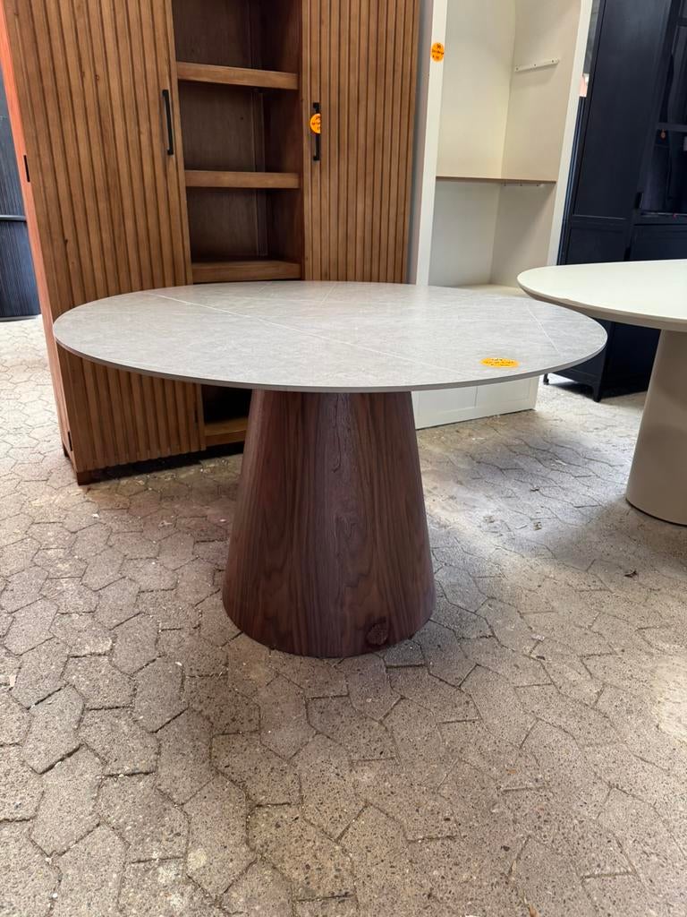 Eettafel rond 120 cm marmer blad met acaciahout poot b keus, Ophalen, Japandi, Overige materialen, Rond