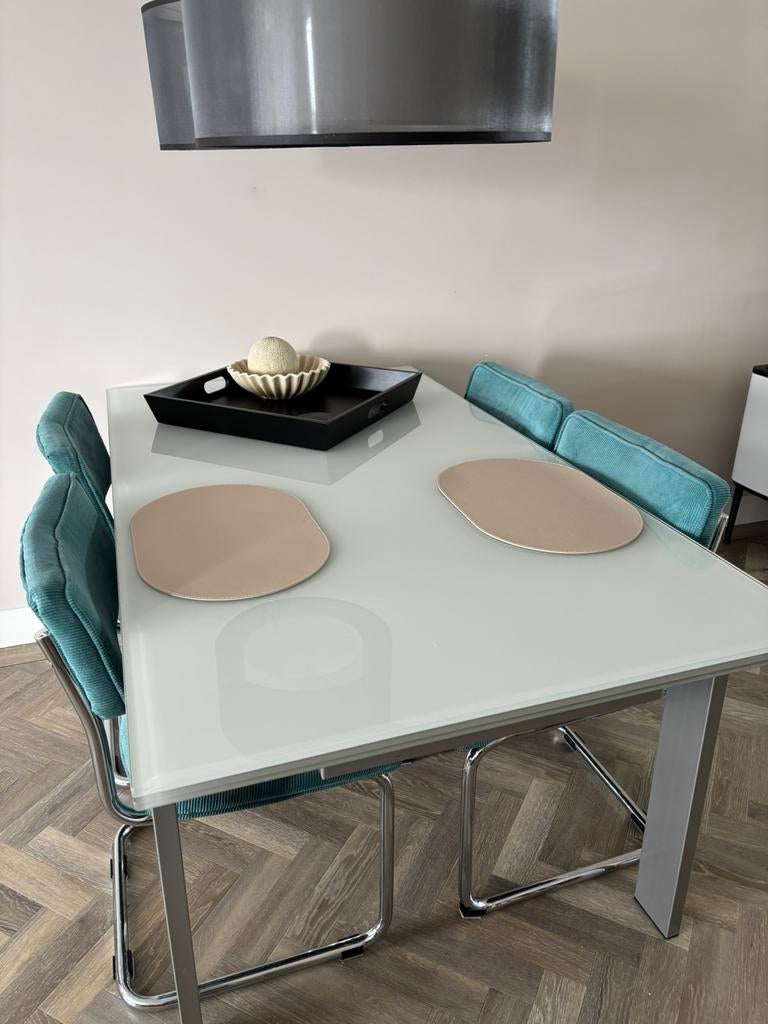 Glazen eettafel met stoelen., Ophalen, Gebruikt, 200 cm of meer, 50 tot 100 cm