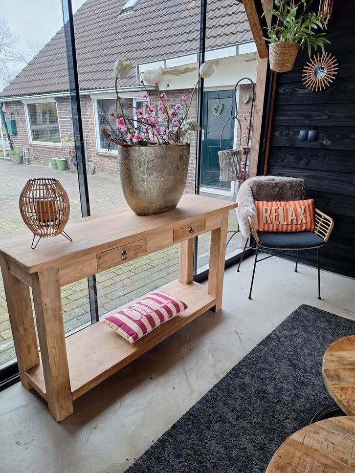 Teakhouten sidetable - 140x40x80 cm, Huis en Inrichting, Tafels | Sidetables, Gebruikt, 25 tot 50 cm, 100 tot 150 cm, Rechthoekig