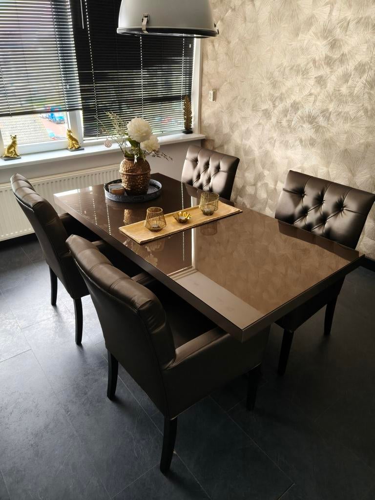 Prachtige eetkamerset + 4 luxe stoelen – Eric Kuster stijl, Ophalen, 150 tot 200 cm, Zo goed als nieuw, Glas