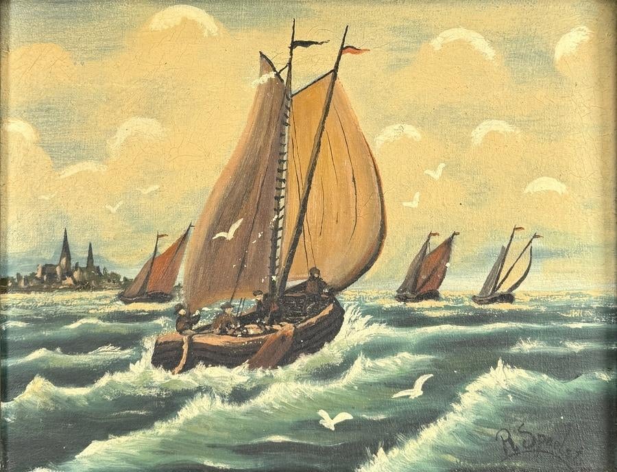 1184. Olieverfschilderij, R. Spoelstra - zeilboot op zee