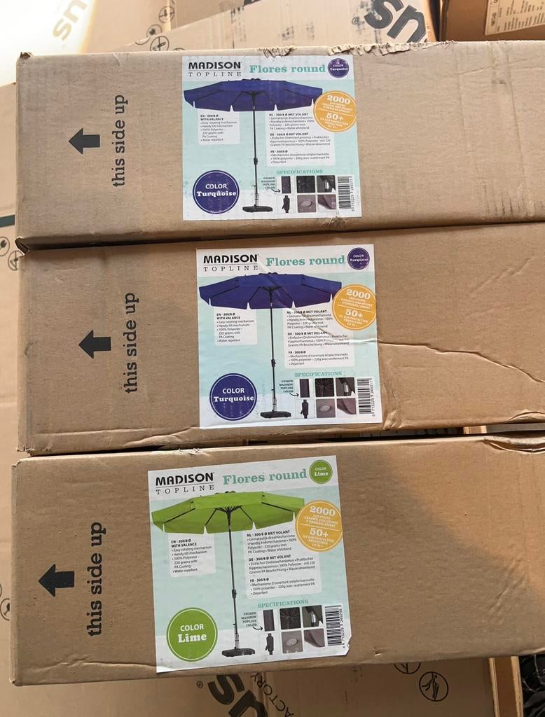 Madison Parasols 10 Nieuw in verpakking Taupe, Lime en Grijs, Ophalen, Verstelbaar, Nieuw, Stokparasol