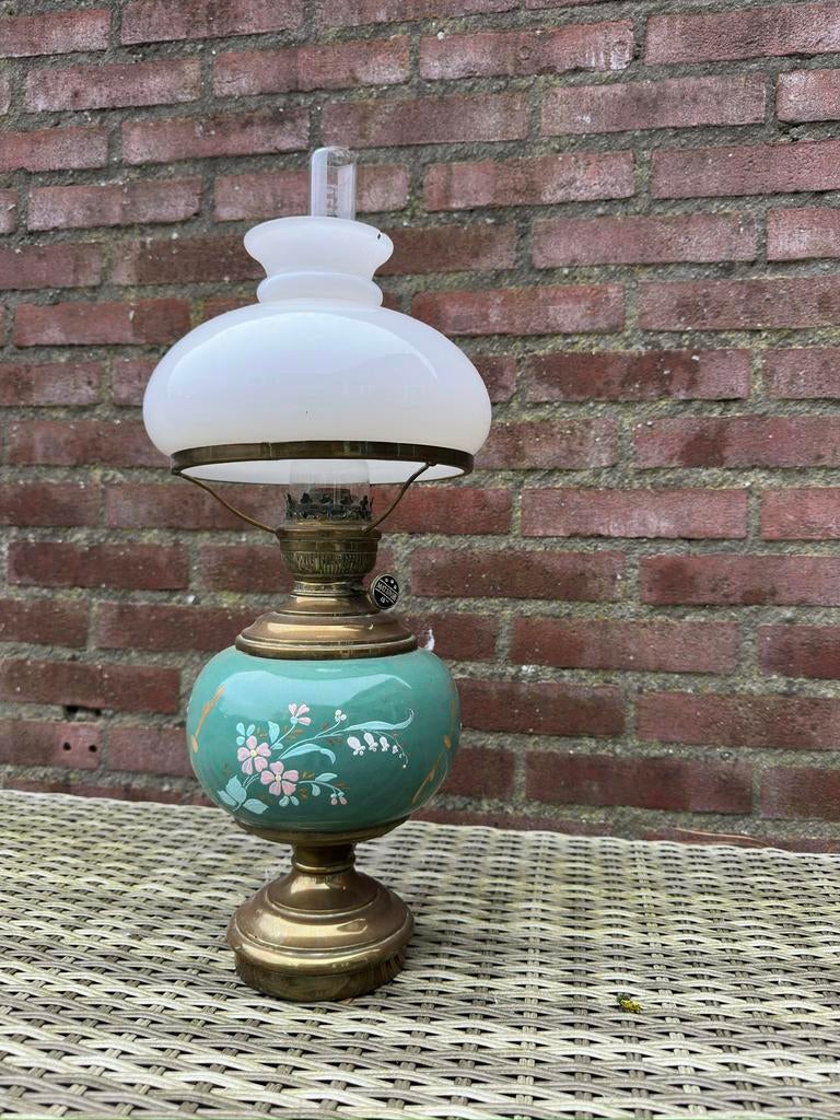 Vintage antieke olielamp | turqoise blauw bloemen, Ophalen of Verzenden