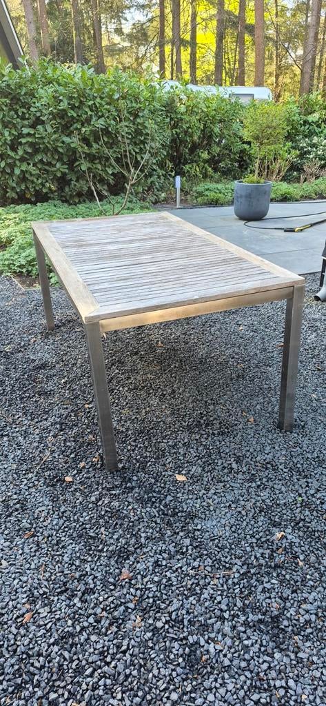 Tuintafel RVS met Teakhouten Blad - Gebruikt, Tuin en Terras, Tuintafels, Ophalen of Verzenden, Gebruikt, Rechthoekig, Teakhout