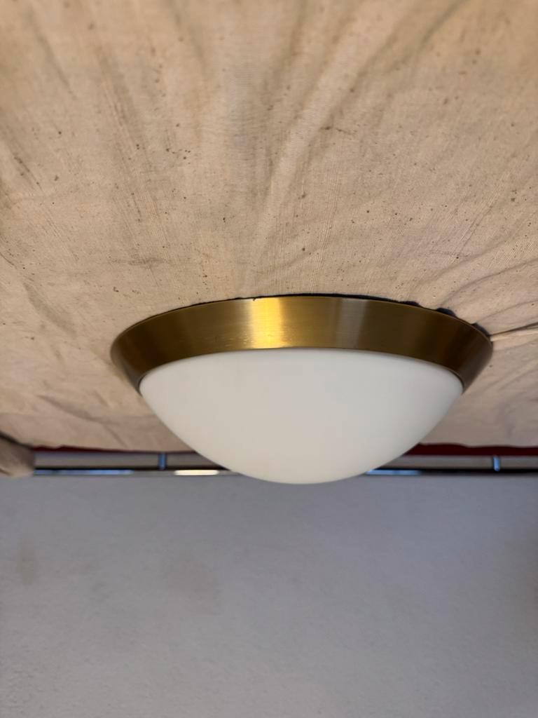 Hillebrand,Plafonniere,60s,zeventies,Mid-Century,vintage, Huis en Inrichting, Lampen | Plafondlampen, Gebruikt, Glas, Metaal, Ophalen of Verzenden