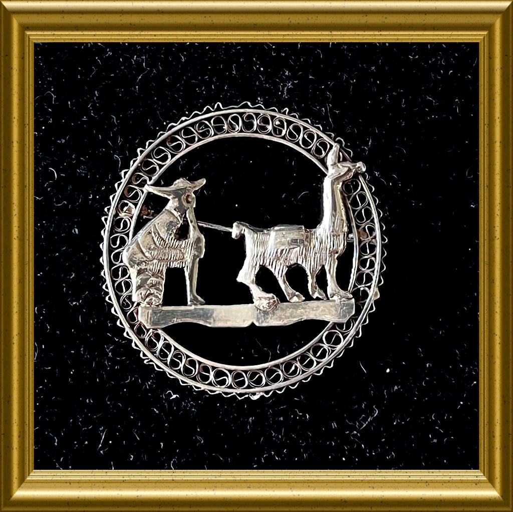 Oude zilveren broche uit Peru, man met lama, Ophalen of Verzenden, Zilver, Broche