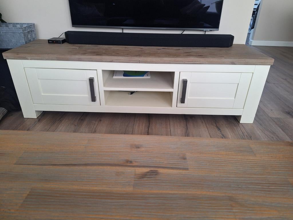 TV-meubel Pronto Wonen crème met whitewash blad 180x45x45cm, Ophalen, Gebruikt, 150 tot 200 cm, Landelijke, moderne stijl