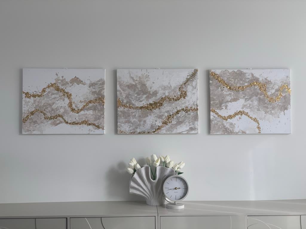 Set van 3 Abstracte Schilderijen - Beige, Taupe, Goud, Ophalen of Verzenden