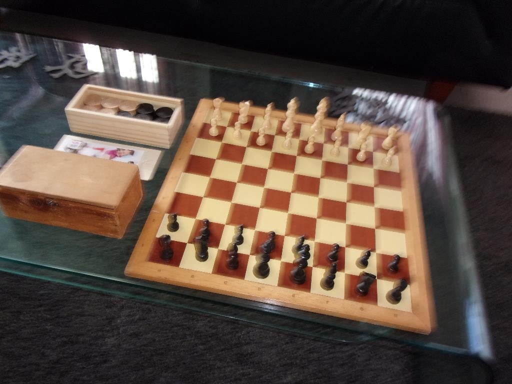 Houten SCHAAK-DAMBORD incl. damstenen en schaakstukken, Een of twee spelers, Ophalen of Verzenden, Gebruikt