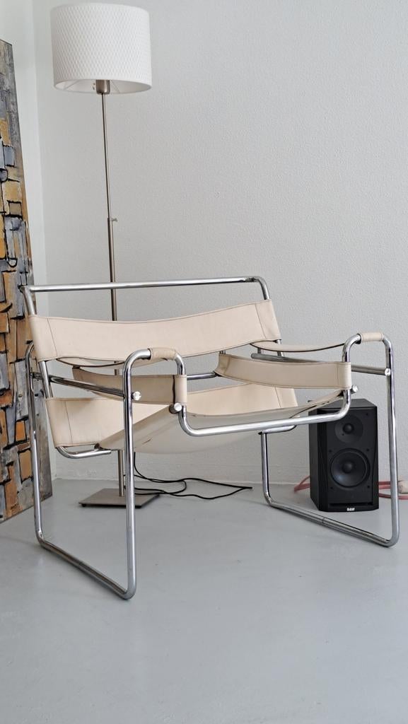 Leren fauteuil met chromen frame, Huis en Inrichting, Stoelen, Ophalen, Gebruikt, Leer, Eén