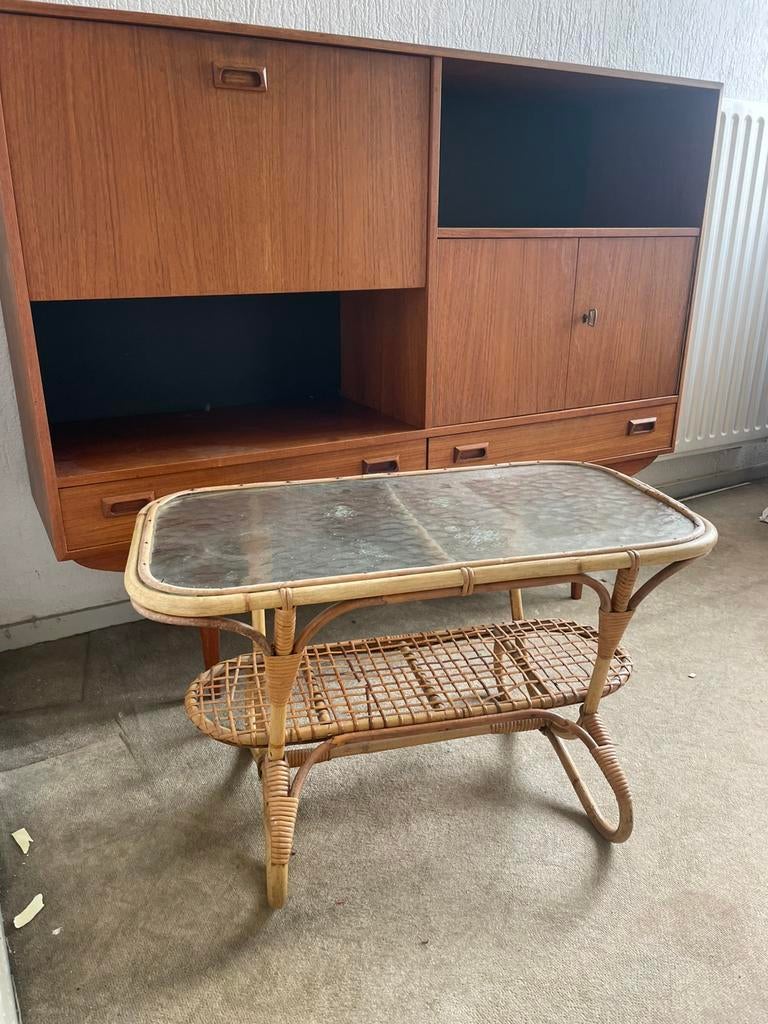 Vintage Rotan Salontafel met Glazen Blad Rohé Noordwolde, Ophalen, 50 tot 100 cm, Rond, Minder dan 50 cm