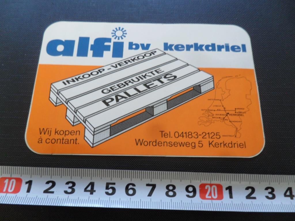 sticker Kerkdriel ALFI bv Wordenseweg 5 Gebruikte pallets, Ophalen, Zo goed als nieuw