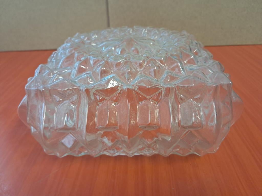 Glazen plafonnière lampenkap vintage jaren 70, Gebruikt, Vierkant, Ophalen of Verzenden, Minder dan 25 cm