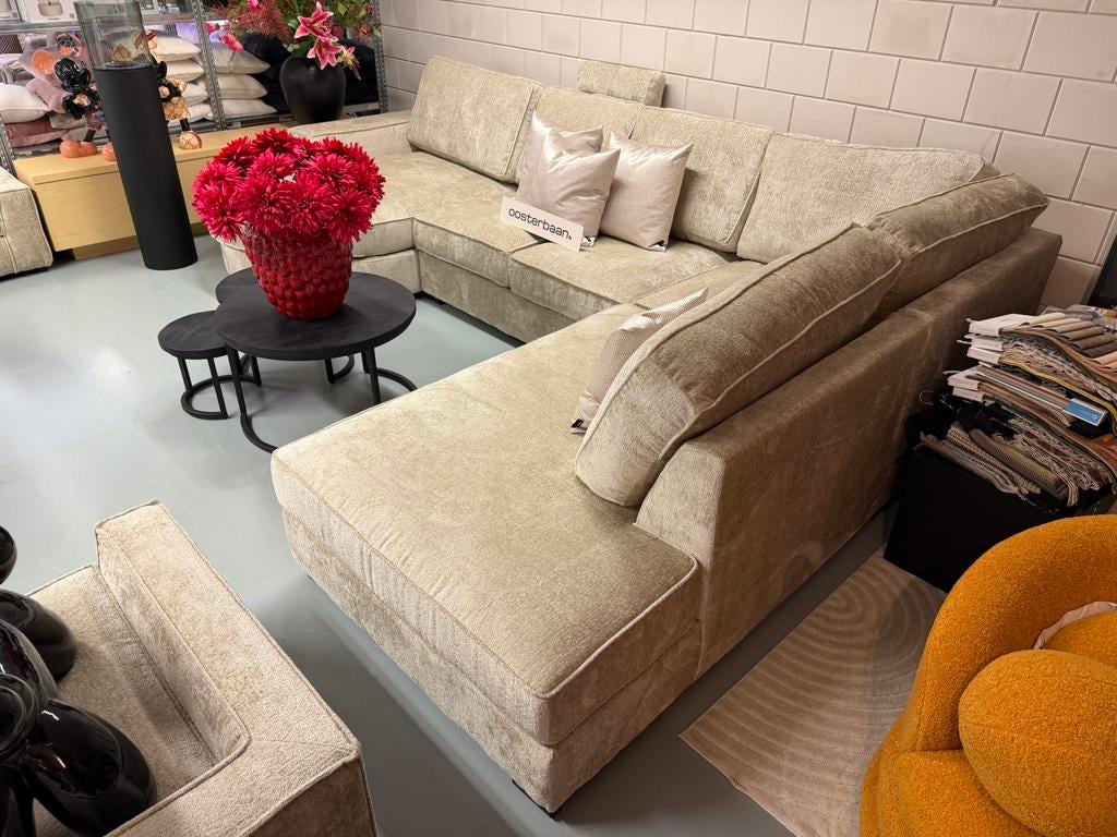 Luxe Velvet Teddy U-bank Mila 170x380x250cm NIEUW Beige Sand, Huis en Inrichting, Banken | Bankstellen, Info@oosterbaanwonen.nl