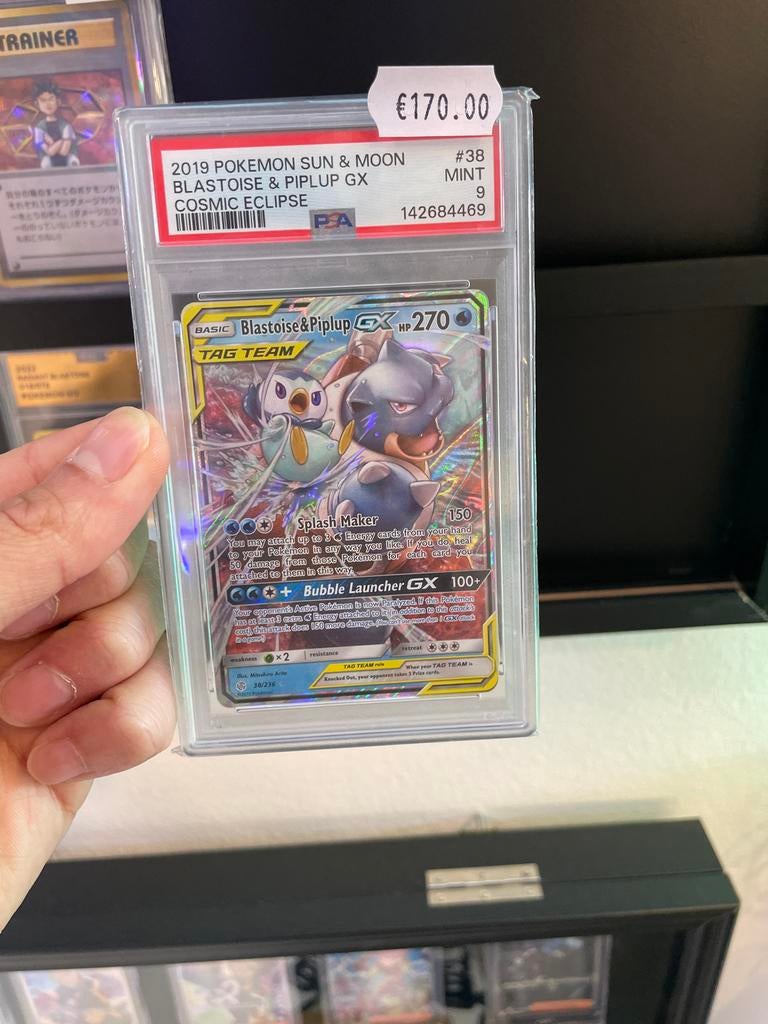 PSA 9 Blastoise & Piplup GX Cosmic Eclipse Tag Team Pokemon, Ophalen of Verzenden, Zo goed als nieuw, Losse kaart