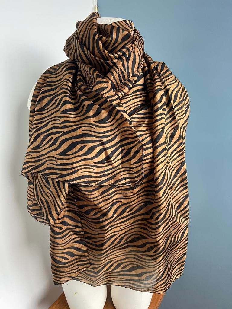 Bitter zebra-print grote zijde sjaal zwart bruin, Maat 46/48 (XL) of groter, Ophalen of Verzenden, Zo goed als nieuw, X