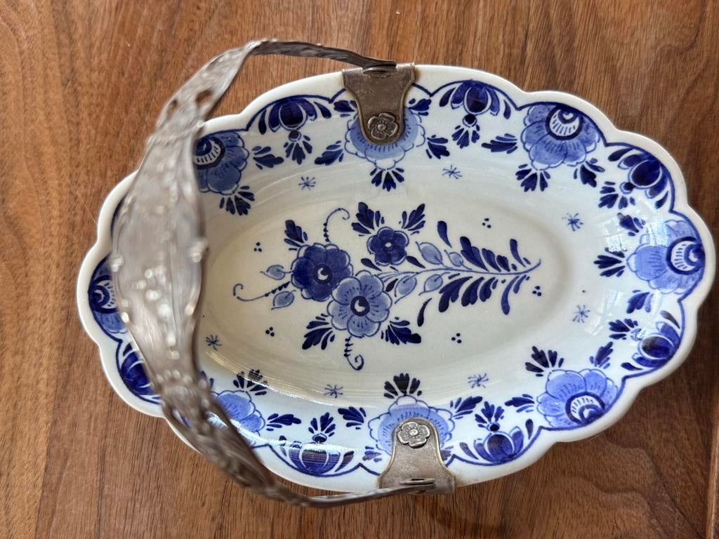 Antiek Delftsblauw bonbonschaaltje met verzilverd hengsel, Ophalen