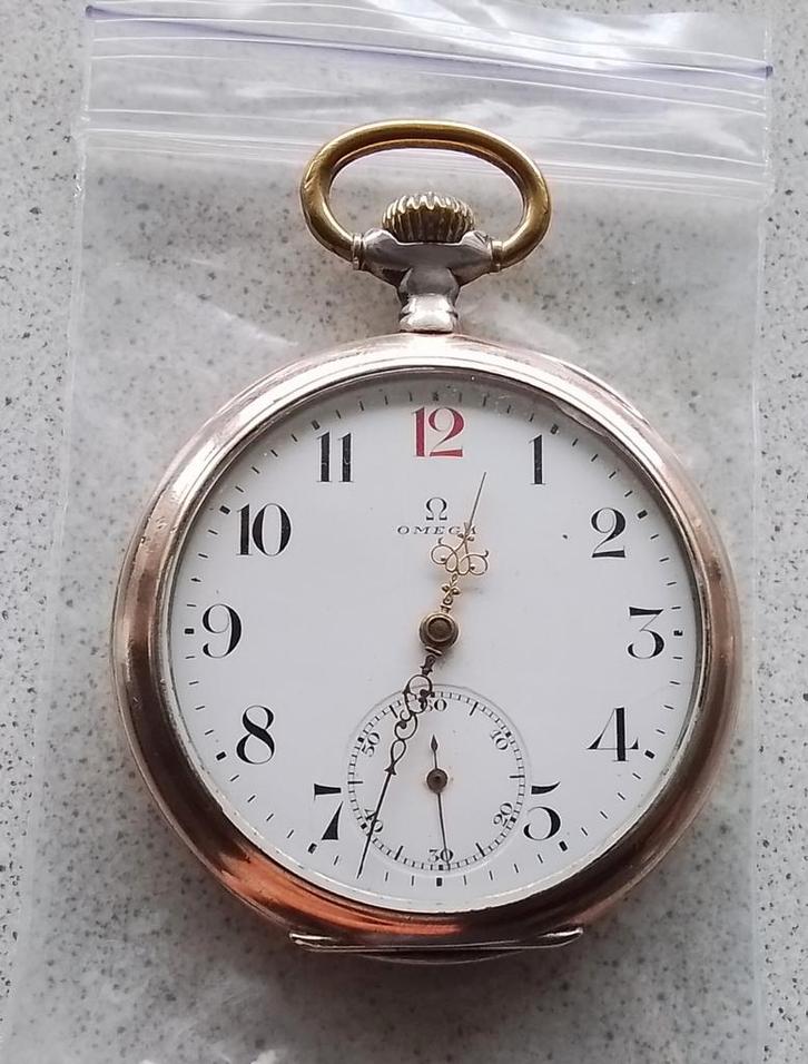 Omega "red 12" antiek Zwitsers zilveren zakhorloge, Antiek en Kunst, Antiek | Klokken, Verzenden