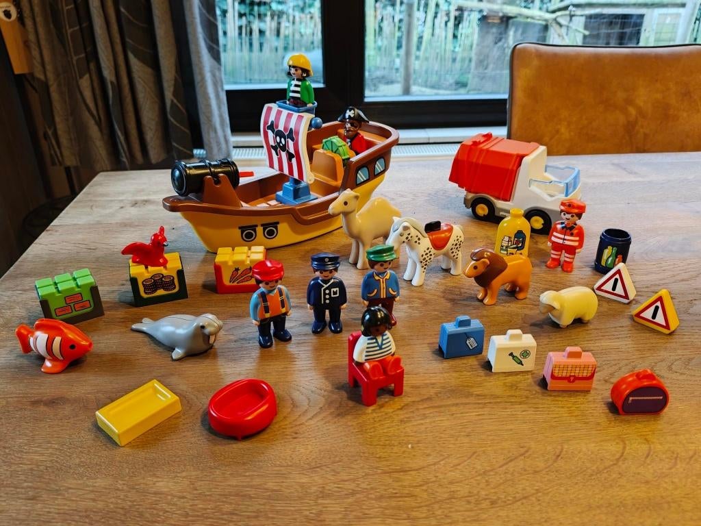 123 Verzameling Playmobil 1.2.3 Piratenschip Vuilniswagen, Kinderen en Baby's, Speelgoed | Playmobil, Ophalen of Verzenden, Gebruikt