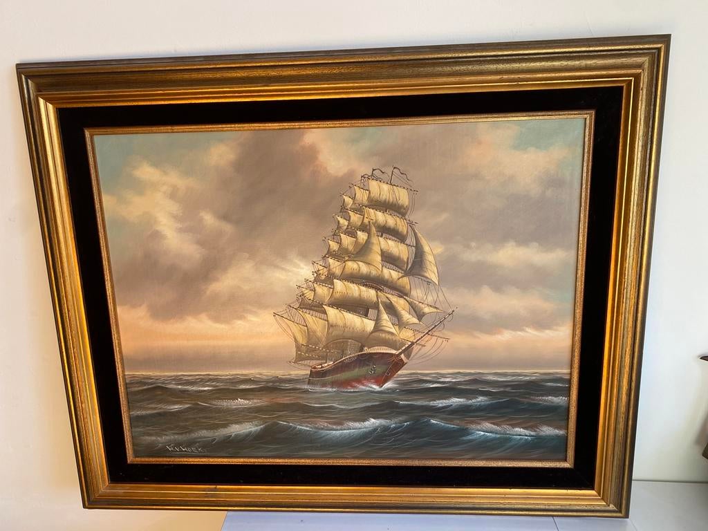 Groot schilderij van schip VOC op zee 102 cm x 82 cm, Antiek en Kunst, Kunst | Schilderijen | Klassiek, Ophalen