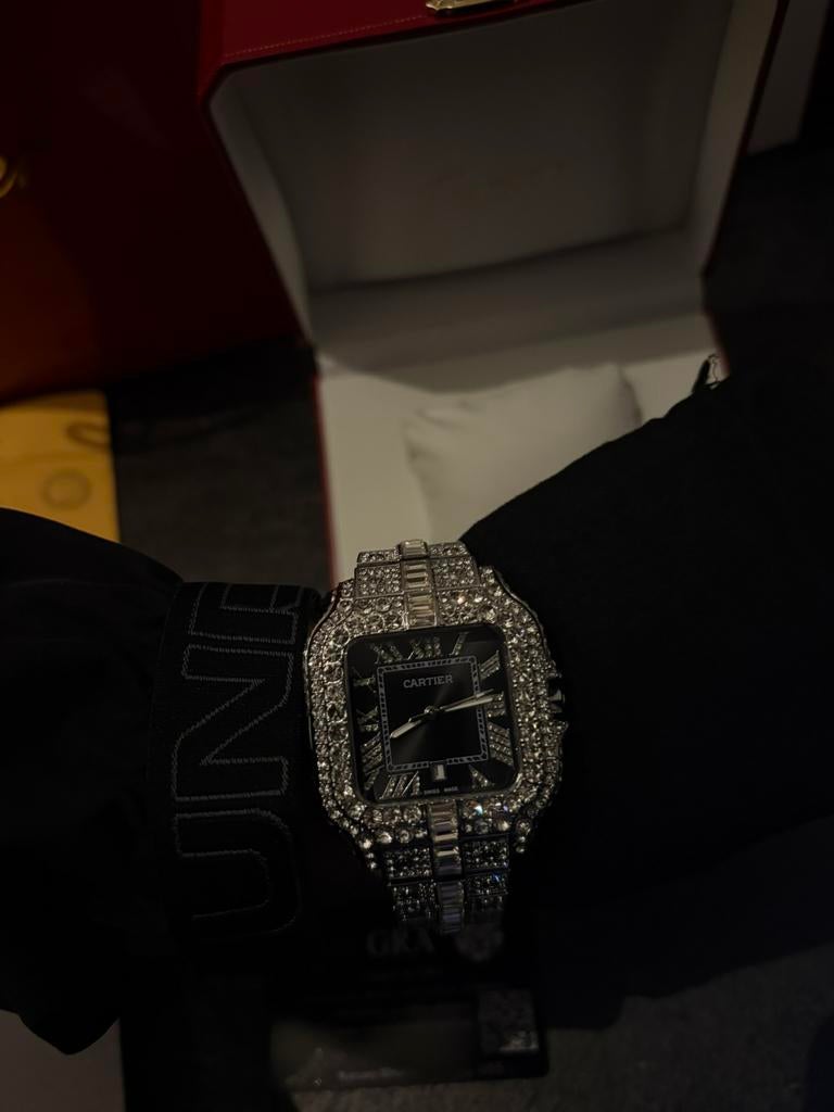 Cartier Santos iced out horloge zwarte bezel, Ophalen of Verzenden, Zo goed als nieuw, Polshorloge, Overige merken