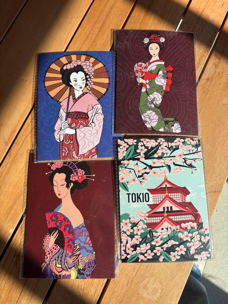 Set van 4 Japanse A5 posters - Geisha en Tokio, Verzamelen, Posters, Nieuw, Overige onderwerpen, A4 of kleiner, Rechthoekig Staand