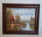 Prachtig Schilderij Boerderij waterkant Boerenwoningen aan, Ophalen of Verzenden