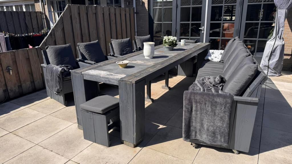 Steigerhout tuinset voor 10 personen, Tuin en Terras, Tuinsets en Loungesets, Ophalen, Bank, Gebruikt, Meer dan 8 zitplaatsen