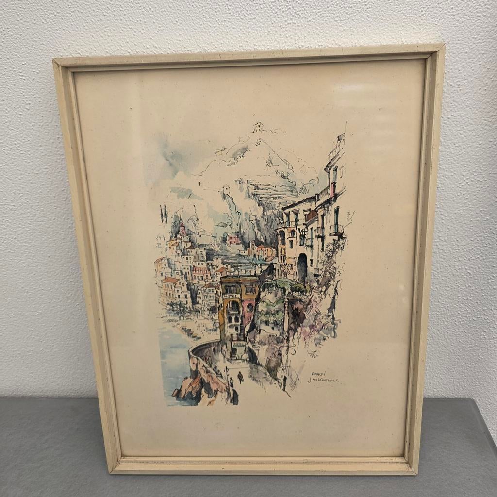Vintage Ingelijste prent van Amalfikust, Antiek en Kunst, Ophalen of Verzenden