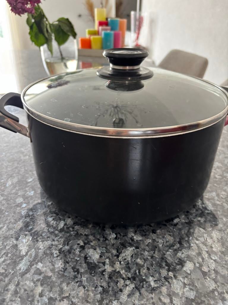 Grote zwarte kookpan met glazen deksel - 28 cm, Kookpan of Snelkookpan, Gebruikt, Inductieplaat, Aluminium