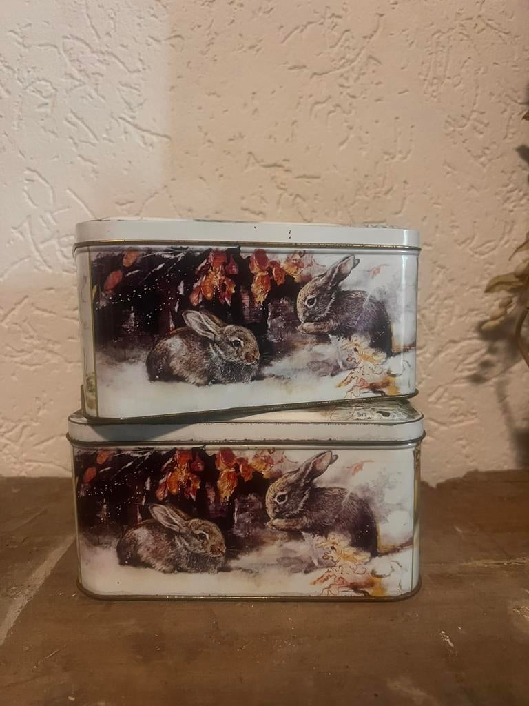 2 blikken blikjes konijn haas hert hertje bambi uil vos oud, Verzamelen, Blikken, Ophalen of Verzenden, Gebruikt, Overige