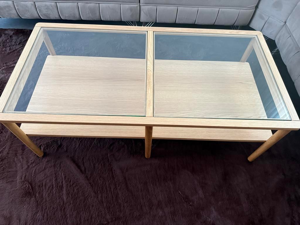 Salontafel licht eiken met glasplaat 120x60 - Krasvrij!, Ophalen, 100 tot 150 cm, Eikenhout, Nieuw
