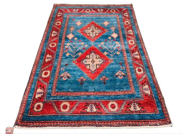 Handgeknoopt oosters wol Kazak Azeri tapijt blue 104x155cm, Huis en Inrichting, Stoffering | Tapijten en Kleden, Zo goed als nieuw