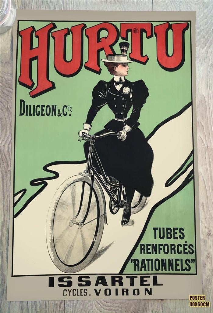 Cycles Hurtu | Art Nouveau Vintage Fiets Poster Affiche, Ophalen of Verzenden, Nieuw, A1 t/m A3, Film en Tv
