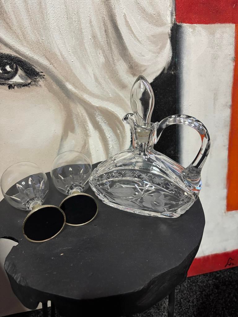 Kristallen karaf met 2 glazen - Vintage set, Antiek en Kunst, Ophalen of Verzenden