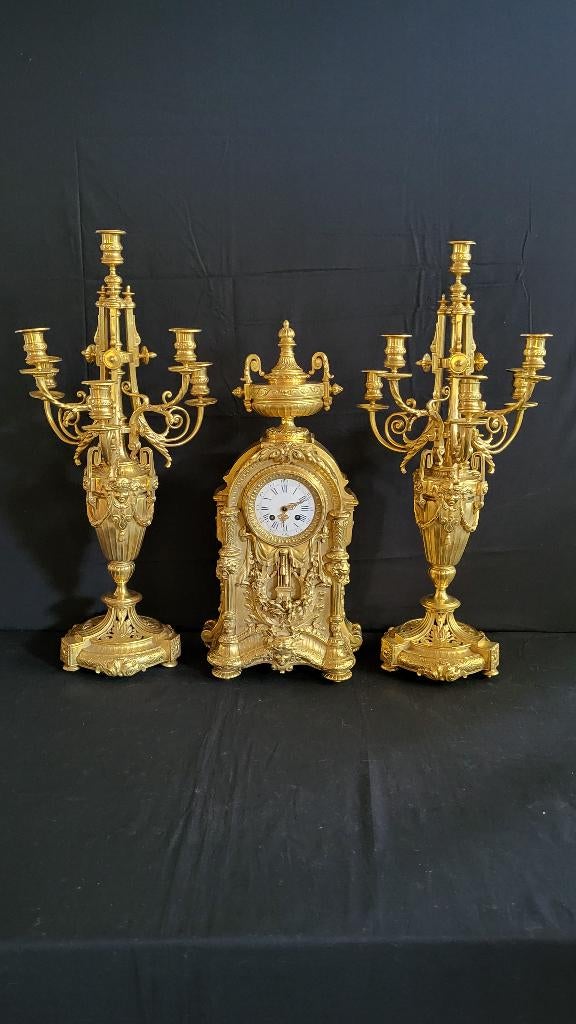 (16) Franse Bronzen Empire stijl Klok met kandelaren 1870, Antiek en Kunst, Verzenden