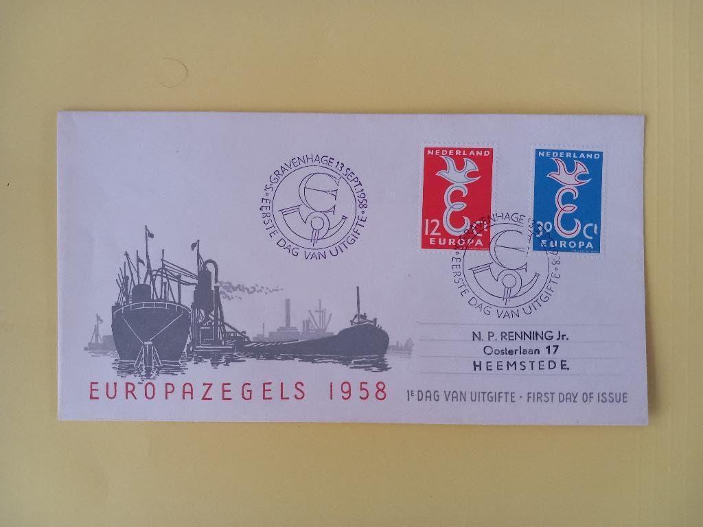 1958 Europazegels FDC E35 met open klep e3, Postzegels en Munten, Postzegels | Eerstedagenveloppen, Verzenden, Beschreven, Nederland