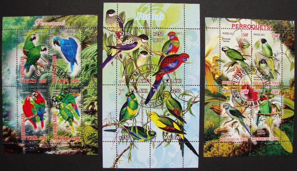 - 800 - 3 Blokken met veel Papagaaien., Verzenden, Gestempeld, Dier of Natuur