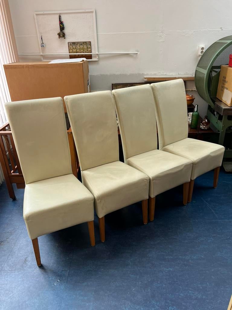 4 Leren Eetkamerstoelen (gebroken wit) met Hoge Rugleuning, Huis en Inrichting, Stoelen, Ophalen, Gebruikt, Wit, Leer