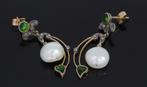 Roos diamant parel groen emaille antieke 14k oorbellen goud, Ophalen of Verzenden, Goud, Oorbellen, Met edelsteen