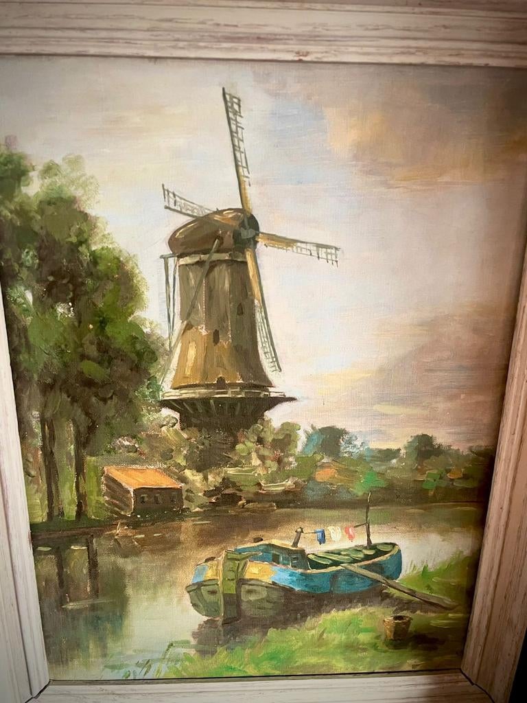 Mooi olieverfschilderij Hollandse molen 46x36cm, Antiek en Kunst, Kunst | Schilderijen | Klassiek, Ophalen of Verzenden