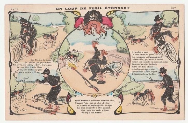 Fietsen met aangelijnde hond.  Illustrateurs.  Jacht., Verzamelen, Ansichtkaarten | Themakaarten, Voor 1920, Overige thema's, Verzenden