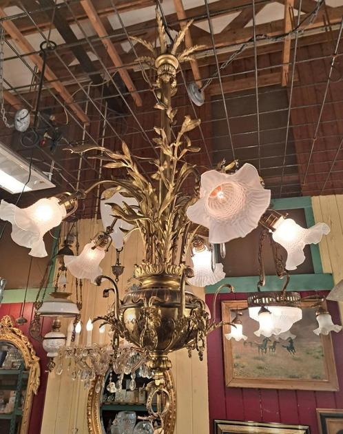 Super mooie kroonluchter 120 cm vuur verguld met bokkekopjes, Antiek en Kunst, Antiek | Lampen, Ophalen