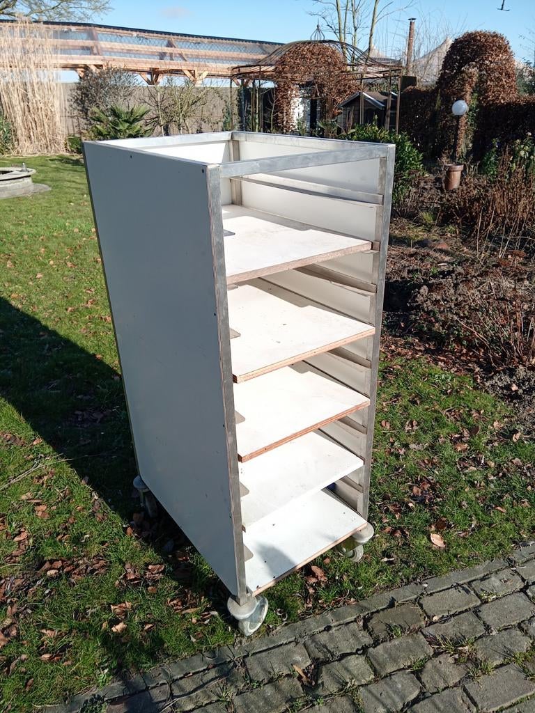 degelijke kast rvs en trespa met losse planken, Ophalen, Gebruikt