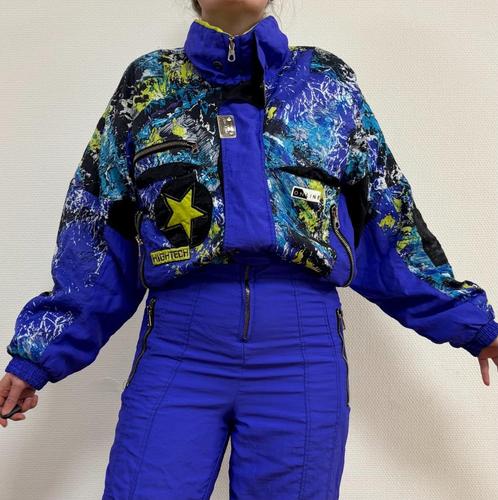 Vintage skipak - blauw / paars met print maat M, Kleding | Dames, Wintersportkleding, Zo goed als nieuw, Pak, Maat 38/40 (M), Ophalen of Verzenden