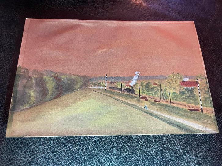 Aquarel Schilderij - Treinlandschap 20x13cm, Antiek en Kunst, Kunst | Schilderijen | Klassiek, Ophalen of Verzenden